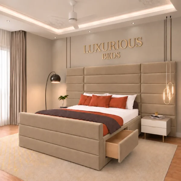 Luxury Aqua Divan Bed Base With 4 Storage Drawers and Extended Headboard in mink Plush Velvet