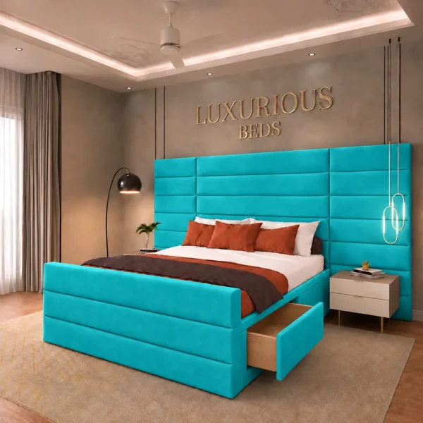 Luxury Aqua Divan Bed Base With 4 Storage Drawers and Extended Headboard in teal Plush Velvet