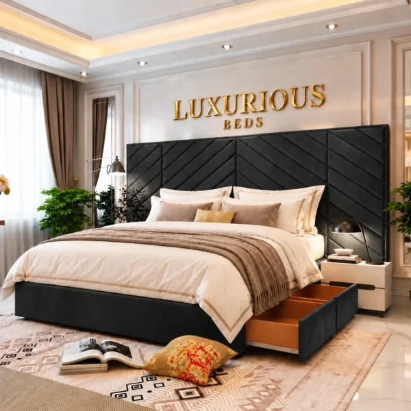Luxury Chicago Divan Bed With Storage Drawers and Extended Headboard Black plush velvet