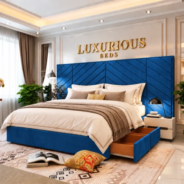 Luxury Chicago Divan Bed With Storage Drawers and Extended Headboard Blue plush velvet