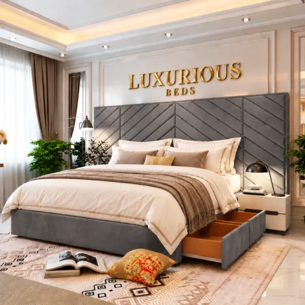 Luxury Chicago Divan Bed With Storage Drawers and Extended Headboard Charcoal plush velvet
