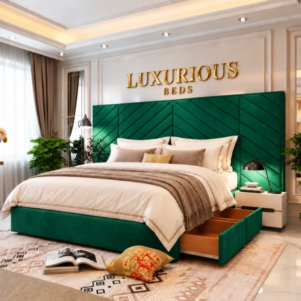 Luxury Chicago Divan Bed With Storage Drawers and Extended Headboard Emerald Green plush velvet