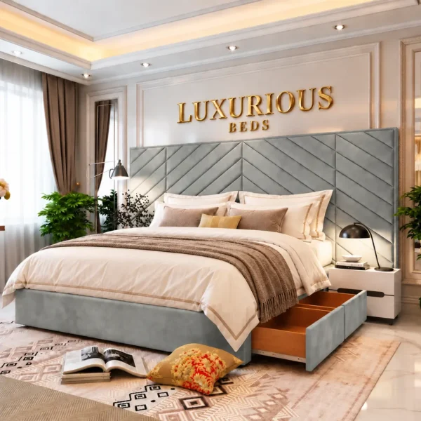 Luxury Chicago Divan Bed With Storage Drawers and Extended Headboard Grey plush velvet
