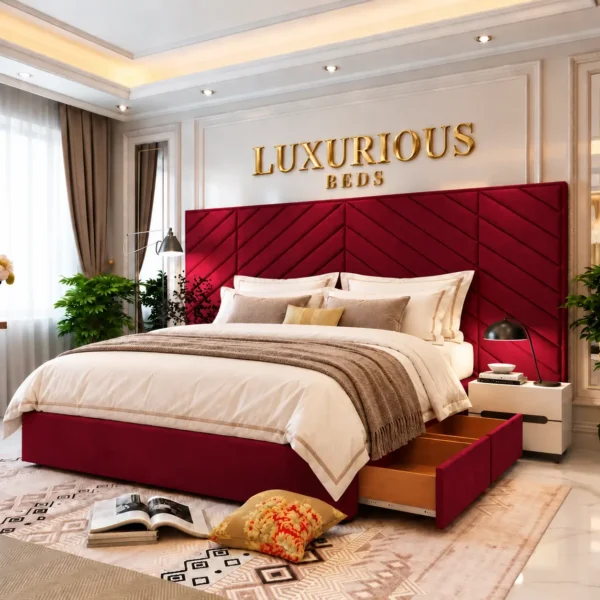Luxury Chicago Divan Bed With Storage Drawers and Extended Headboard Maroon plush velvet41