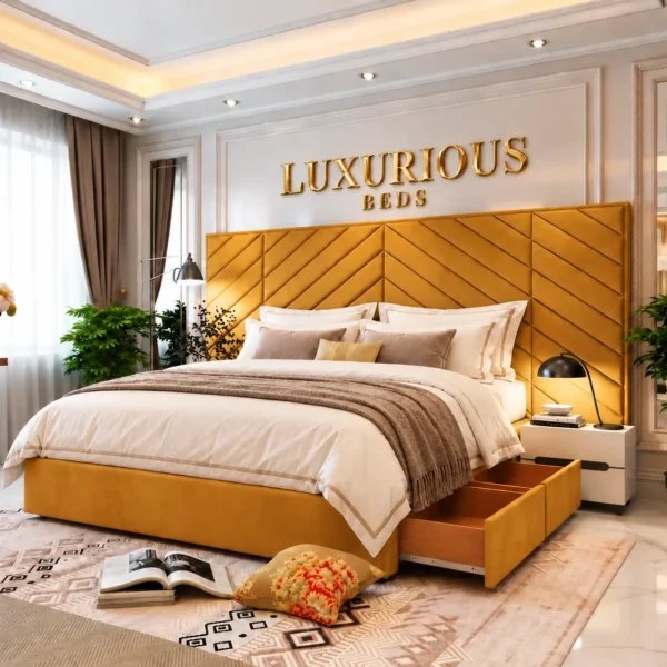 Luxury Chicago Divan Bed With Storage Drawers and Extended Headboard Mustard Gold plush velvet