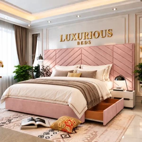 Luxury Chicago Divan Bed With Storage Drawers and Extended Headboard Pink plush velvet