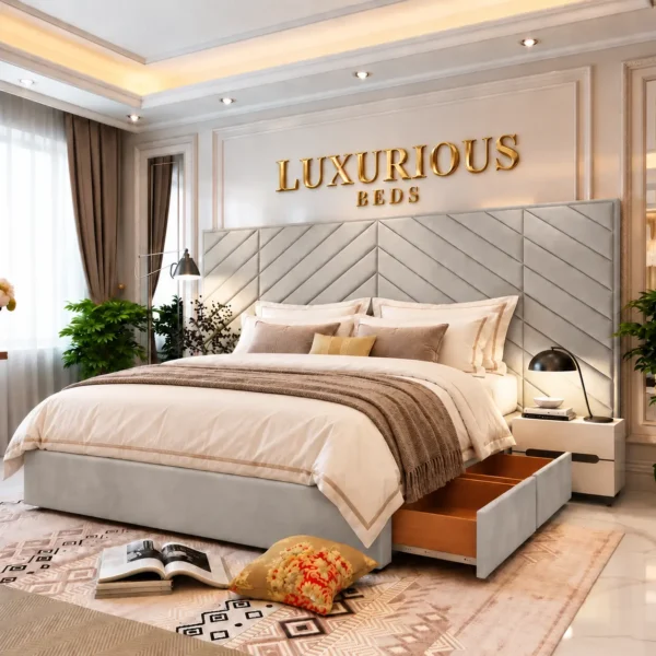 Luxury Chicago Divan Bed With Storage Drawers and Extended Headboard Silver plush velvet
