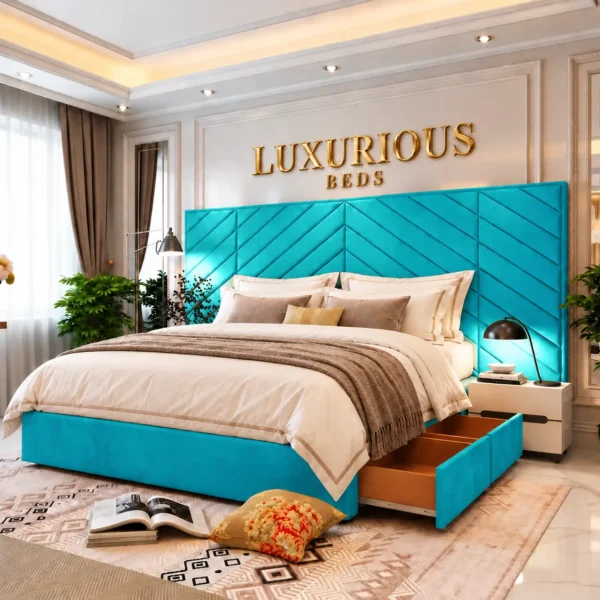 Luxury Chicago Divan Bed With Storage Drawers and Extended Headboard Teal plush velvet