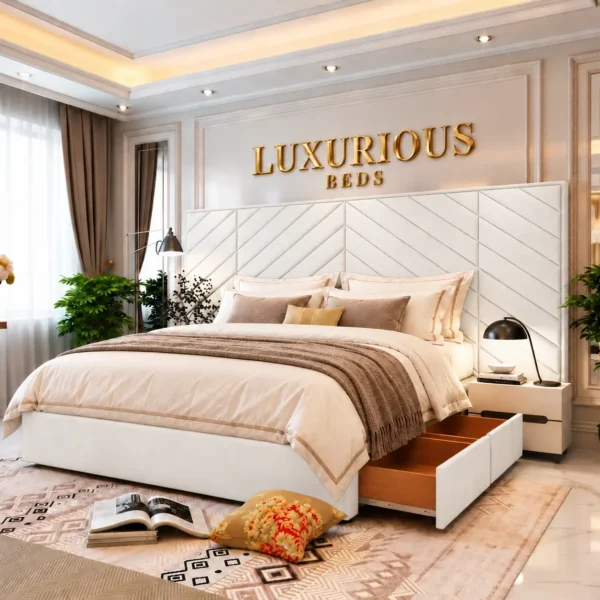 Luxury Chicago Divan Bed With Storage Drawers and Extended Headboard White plush velvet