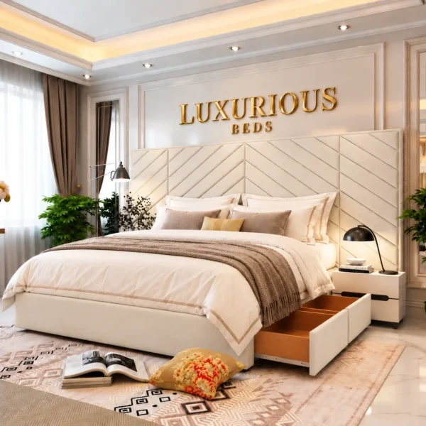 Luxury Chicago Divan Bed With Storage Drawers and Extended Headboard cream plush velvet