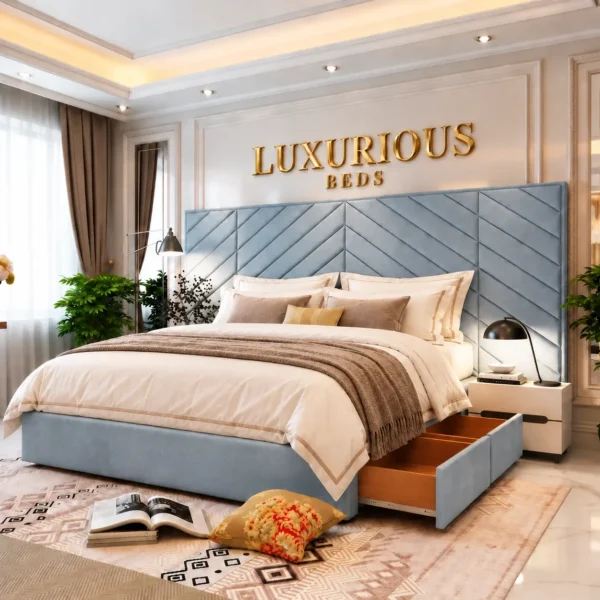 Luxury Chicago Divan Bed With Storage Drawers and Extended Headboard sky plush velvet